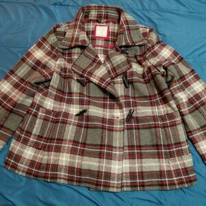 Old Navy Gray and Red Plaid Pea Coat